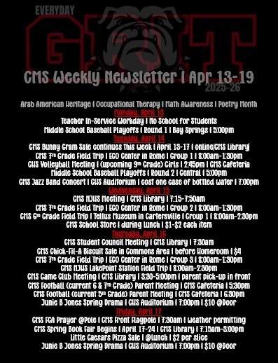 weekly events in white and red text on black background with bulldog shadow image for accent