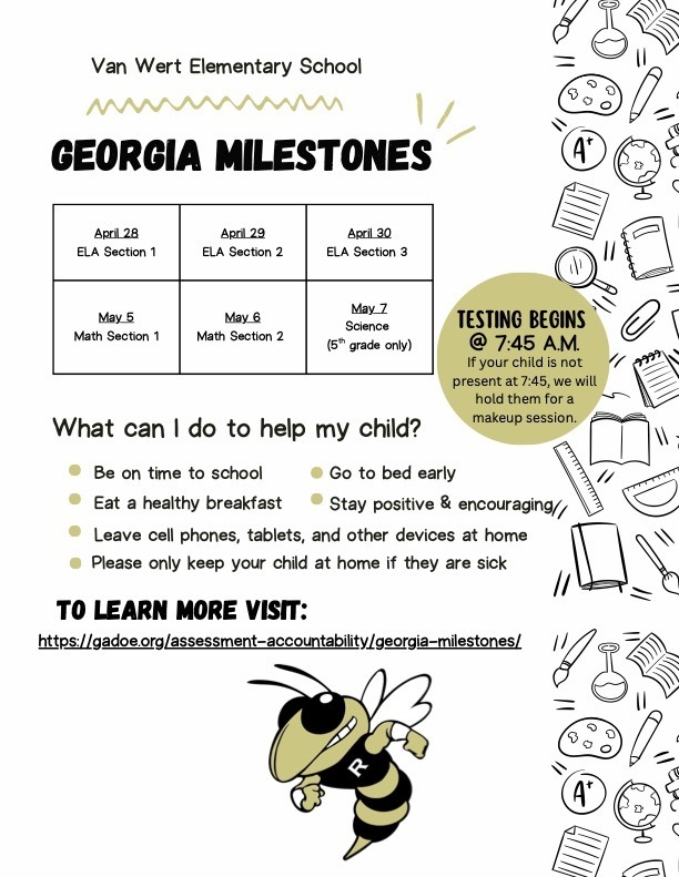  📚Milestones testing is just around the corner! 📚 We know you are ready to ROCK these tests — but first, we need YOU here on time EVERY DAY!  ✨Get Rest ✨Eat Breakfast ✨Arrive on Time LET’S GO, Van Wert!! 🐝 🖤 💛 🎯 You’re strong. 🎯 You’re smart. 🎯 You’re READY.