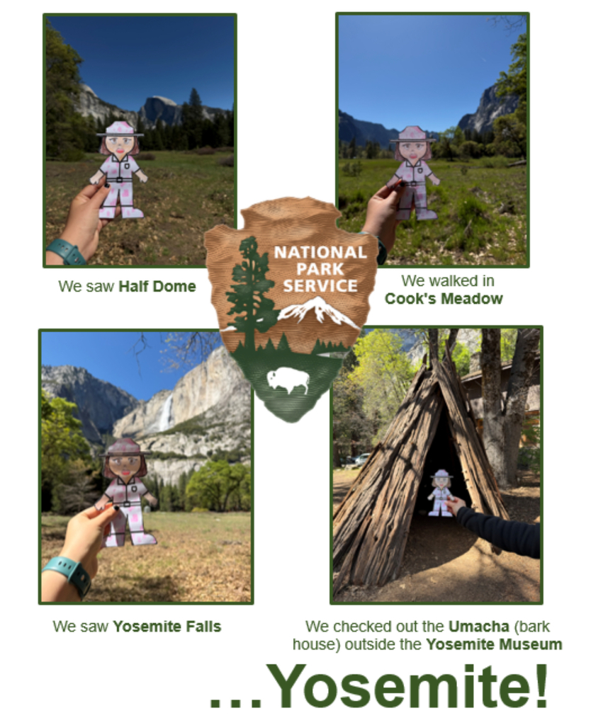 Students in Ms. Pace's writing class researched our National Parks. After completing their research, they wrote an opinion piece on which park they thought would be the best to send their Flat Rangers to. Ms. Pace mailed off the Flat Rangers to the chosen National Parks, requesting help from the park rangers. Several pictures and items have already been sent back to students, with more on the way!  Picture is of a park ranger posing with a cutout ranger at 4 locations.,