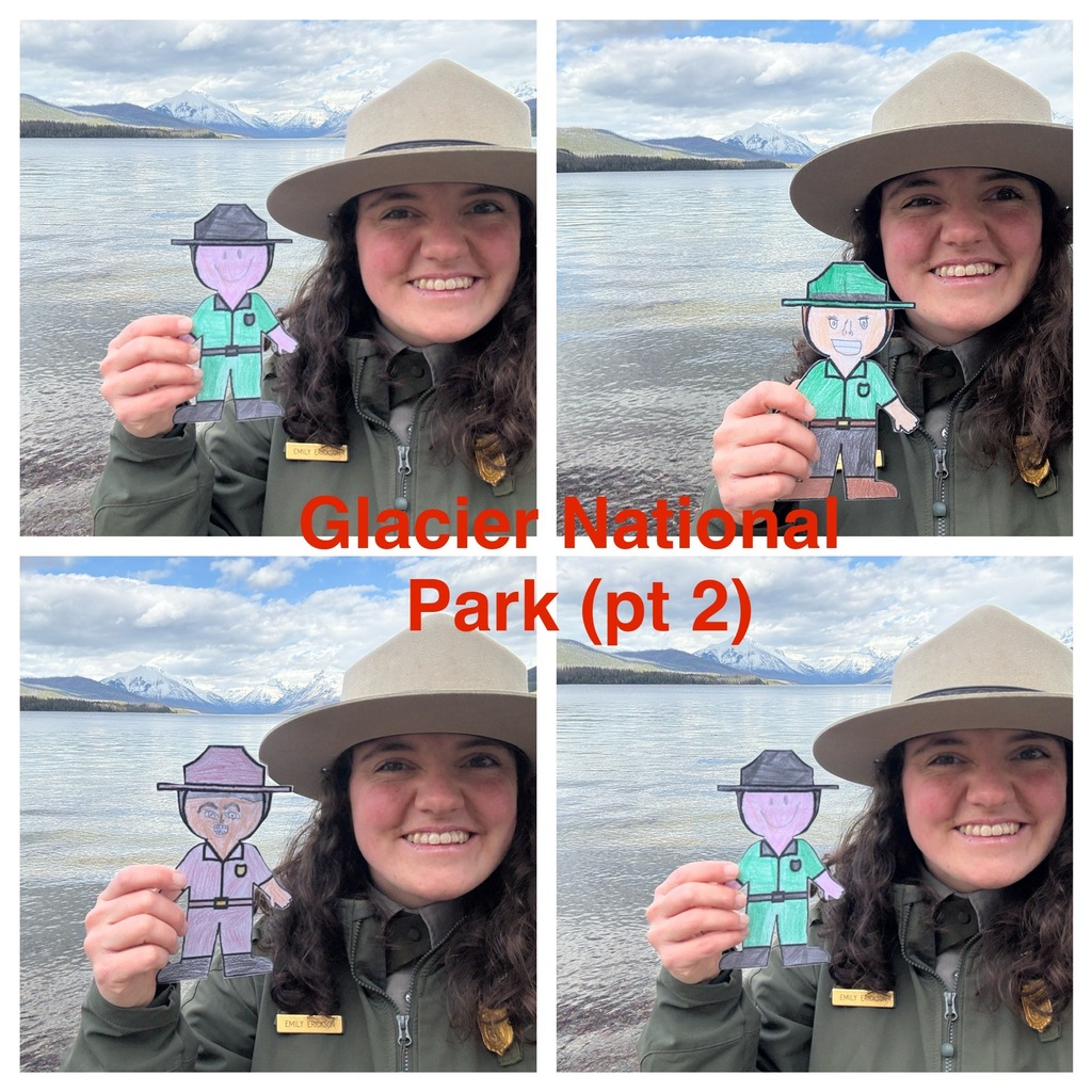 Students in Ms. Pace's writing class researched our National Parks. After completing their research, they wrote an opinion piece on which park they thought would be the best to send their Flat Rangers to. Ms. Pace mailed off the Flat Rangers to the chosen National Parks, requesting help from the park rangers. Several pictures and items have already been sent back to students, with more on the way!  Picture is of a park ranger posing with a cutout ranger at 4 locations.,