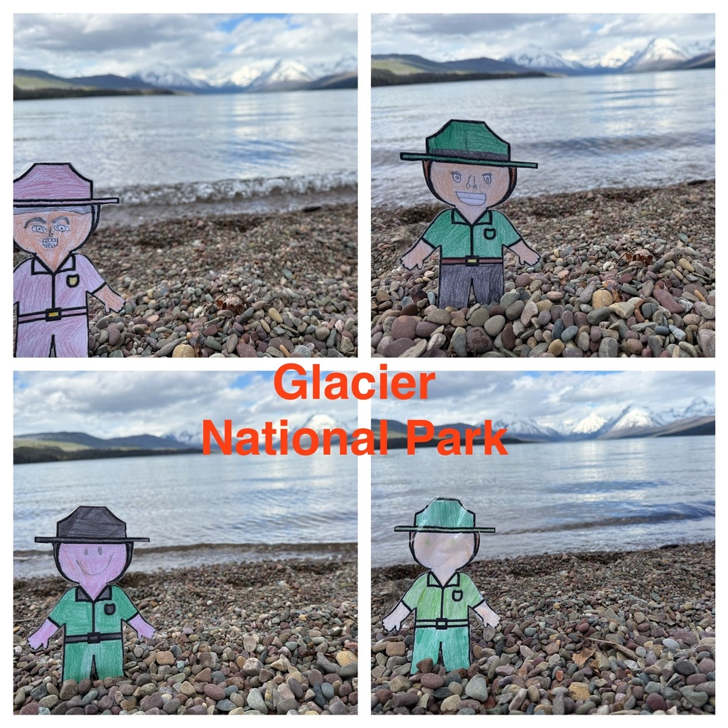Students in Ms. Pace's writing class researched our National Parks. After completing their research, they wrote an opinion piece on which park they thought would be the best to send their Flat Rangers to. Ms. Pace mailed off the Flat Rangers to the chosen National Parks, requesting help from the park rangers. Several pictures and items have already been sent back to students, with more on the way!  Picture is of a cutout ranger at 4 park locations. 