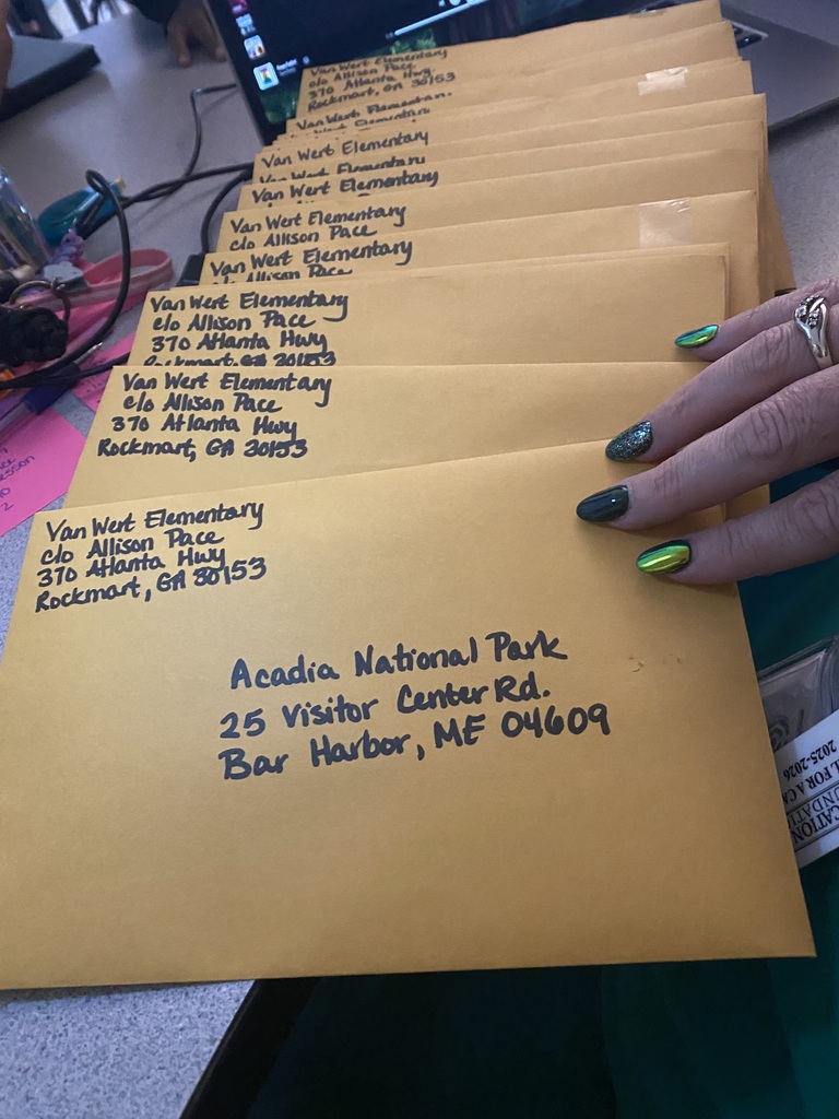 Students in Ms. Pace's writing class researched our National Parks. After completing their research, they wrote an opinion piece on which park they thought would be the best to send their Flat Rangers to. Ms. Pace mailed off the Flat Rangers to the chosen National Parks, requesting help from the park rangers. Several pictures and items have already been sent back to students, with more on the way!  The picture is of all the mail envelopes sent out to parks around the US.