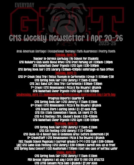 weekly newsletter on black background with events in red and white text with shadow bulldog mascot as accent