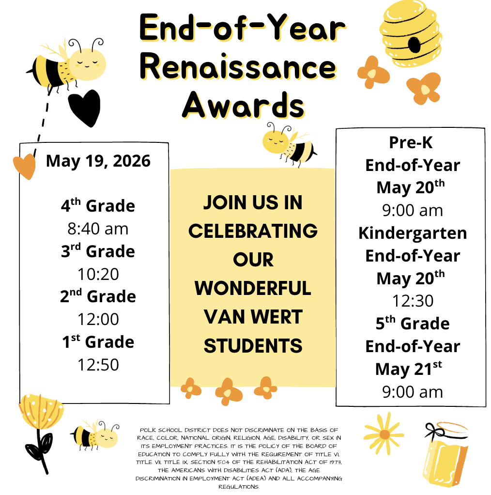 Save the dates for our End-of-the-Year Programs May 19th 4th grade is at 8:30, 3rd Grade is at 10:20 am, 2nd grade is at 12:00, 1st grade is at 12:50. Prek is on May 20th at 9:00 am kindergarten is at 12:30 on May 20th and 5th grade is on May 21st at 9:00 am. 