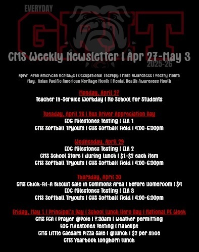 weekly newsletter with events for the week in red and white text on black background with shadow bulldog as accent