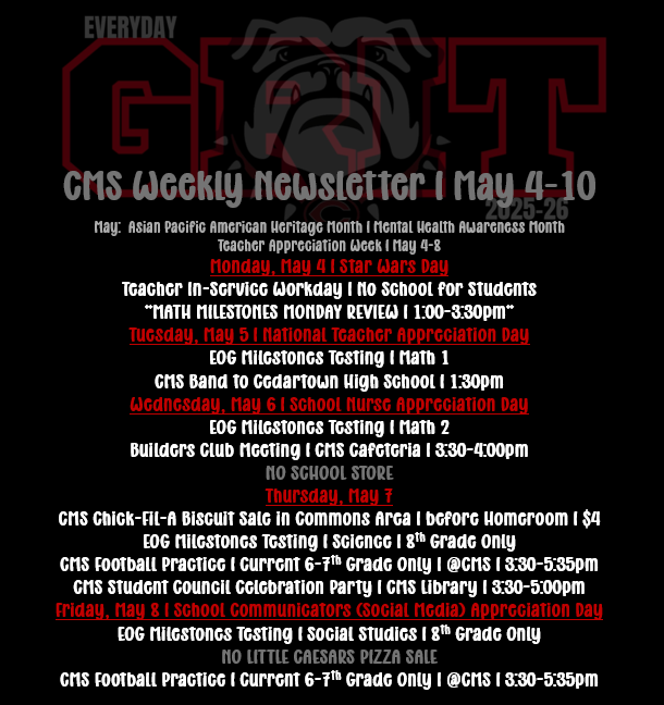 newsletter with events in red and white text on black background