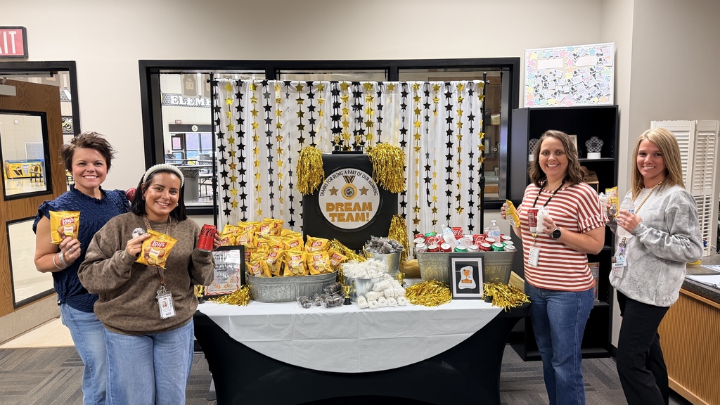 Thank you to our wonderful administrators and office staff for making the first two days of Teacher Appreciation Week so much fun! We thoroughly enjoyed El Coyote yesterday, and the snacks today were golden. #TeacherAppreciationWeek Picture of the backdrop and snacks with the office staff. 