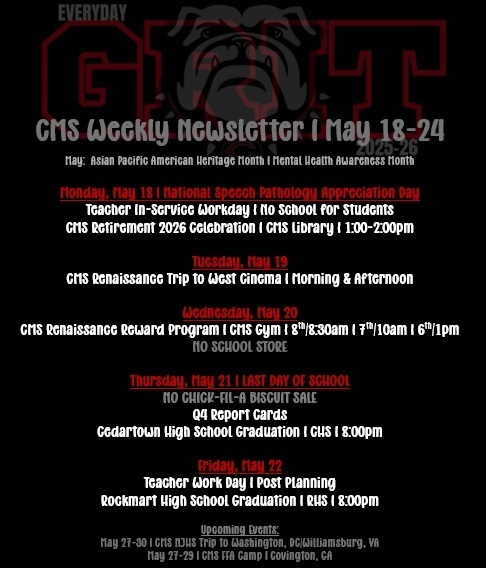 CMS Newsletter with weekly events in red and white text on black background with bulldog mascot shadow for accent