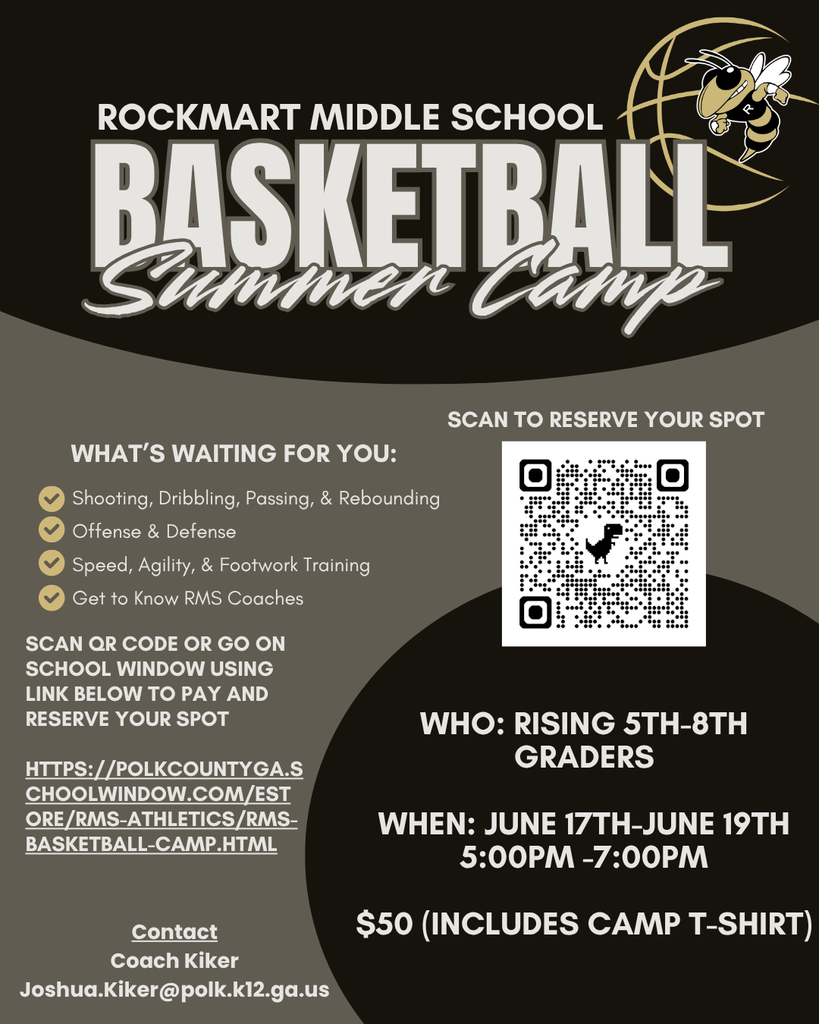 Rockmart Middle Basketball Summer Camp - Contact Coach Kiker for more info. joushua.kiker@polk.k12.ga.us The dates are Jun 17th to June 19th for upcoming 5th-8th graders from 5:00 pm to 7:00 pm. $50 fee