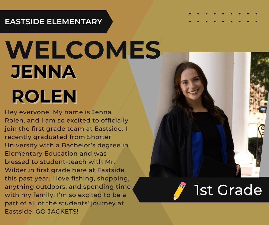 Welcome message and bio for Jenna Rolen, first grade teacher.