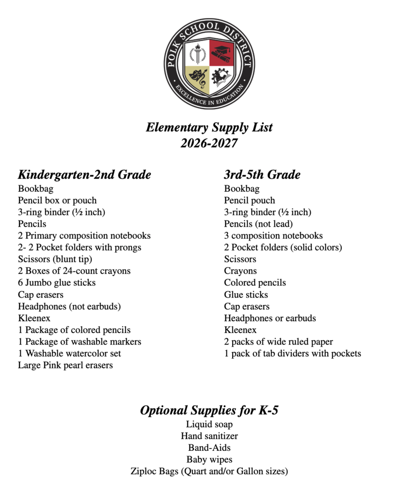 Elementary Supply List - English