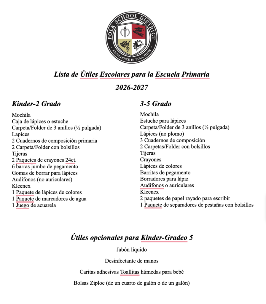 School Supply List - Spanish translation