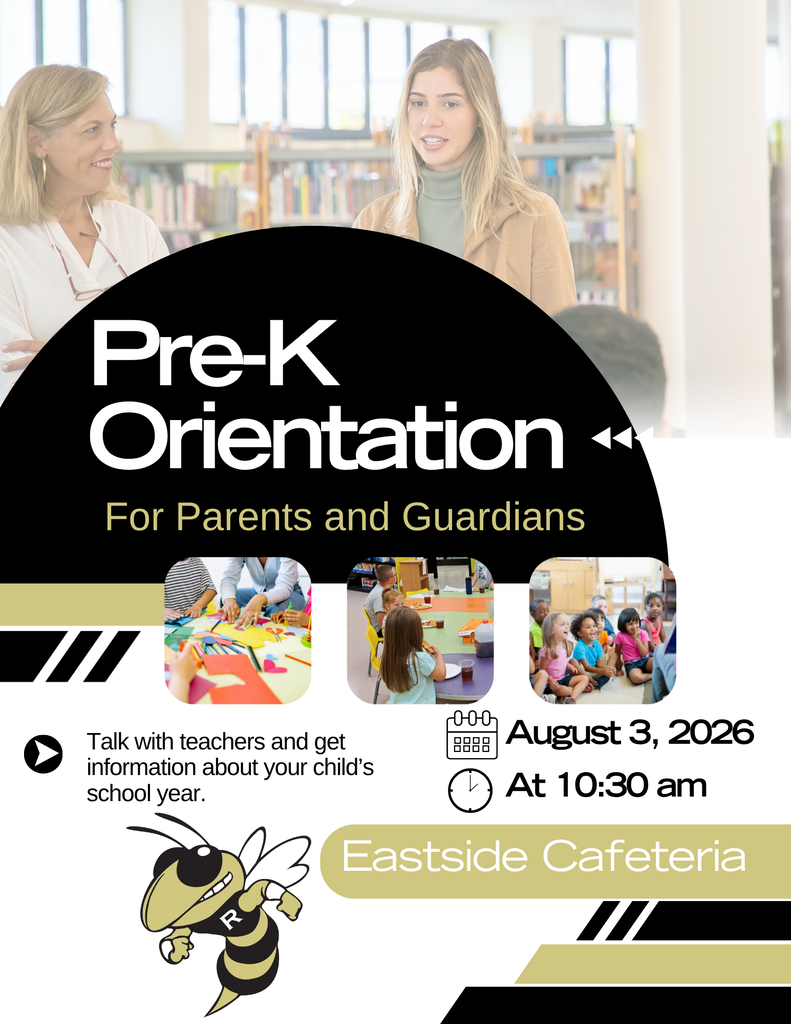 PreK orientation flyer showing students learning. Words announce Pre-K Orientation on August 3 at 10:30 am.