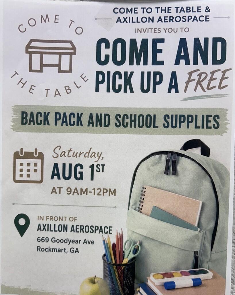 Come to the table and pick up a free backpack and school supplies Saturday august 1st