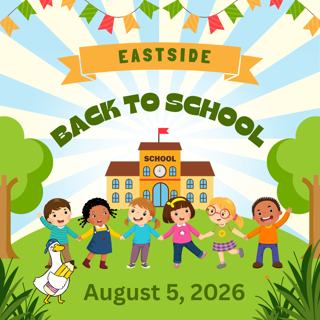 Eastside back to school sign with smiling children in front of a school building.