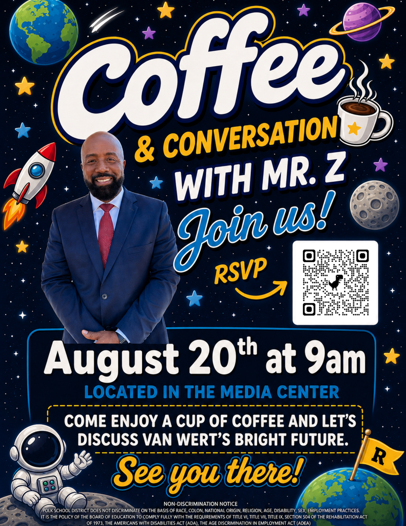 Please RSVP for Coffee and Conversations with Mr. Z, to be held in the media center on August 20, 2026, at 9:00 am.