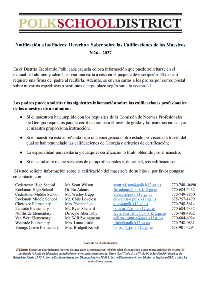 NOTIFICACION PARA LOS PADRES 2026-2027