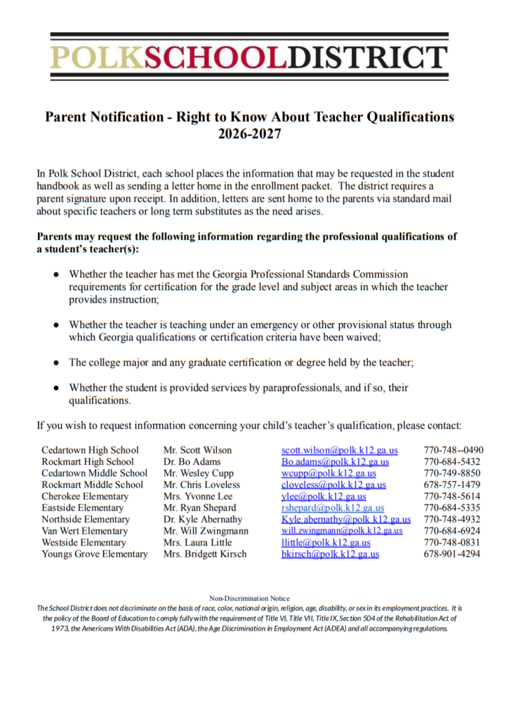 Parent Notification - Right to Know About Teacher Qualifications 2026-2027