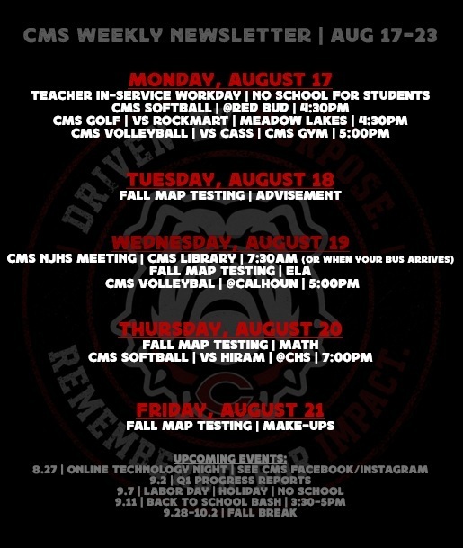 weekly newsletter on black background with red and white text with shadow bulldog in background