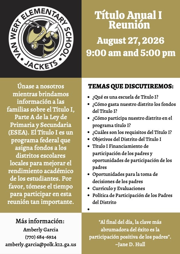 Title 1 meeting invitations for August 27, 2026 - at 9:00 am and 5:00 pm  (in spanish)