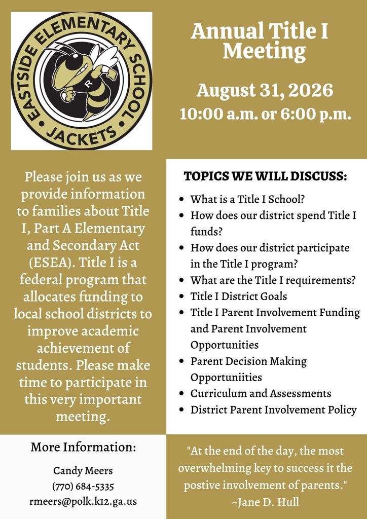 Annual Title I Meeting August 31 at 10am or 6pm