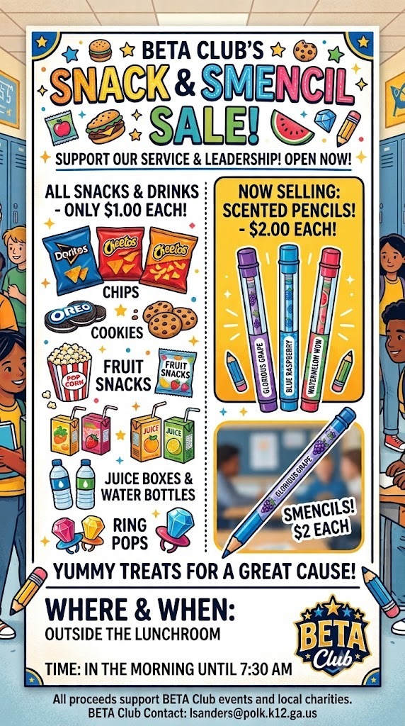 Help support our BETA Club students by purchasing items from our school store. The school store is located outside the activity hallway during morning arrival times until 7:30 each day.  Help support our BETA students by purchasing items from the school store. The school store is open in the morning during arrival times in the lunchroom activities area.   Items for sale includes chips, smencils, ring pops, and more.