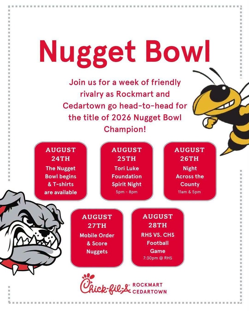 Nugget Bowl - Join us for a week of friendly rivalry at Rockmart and Cedartown go head-to-head for the title of 2026 Nugget Bowl Champion! 