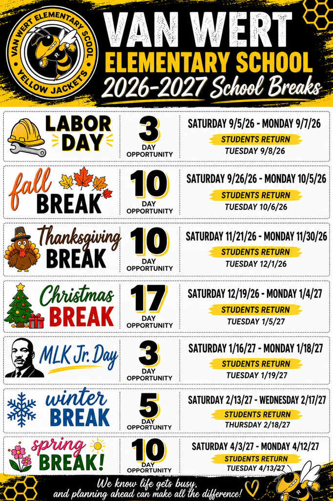 We’ve created a school-year Vacation Planner that includes all the school holidays, breaks, and important dates.  Use this tool to plan family vacations, schedule doctor's appointments, and coordinate other commitments during times that help your child miss as little classroom instruction as possible.   Every day in school matters, and being present helps students stay on track for success. We hope this helps balance life’s moments while maximizing learning time.