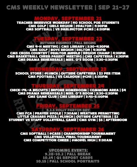 newsletter on black background with red and white text with school logo in shadow in
