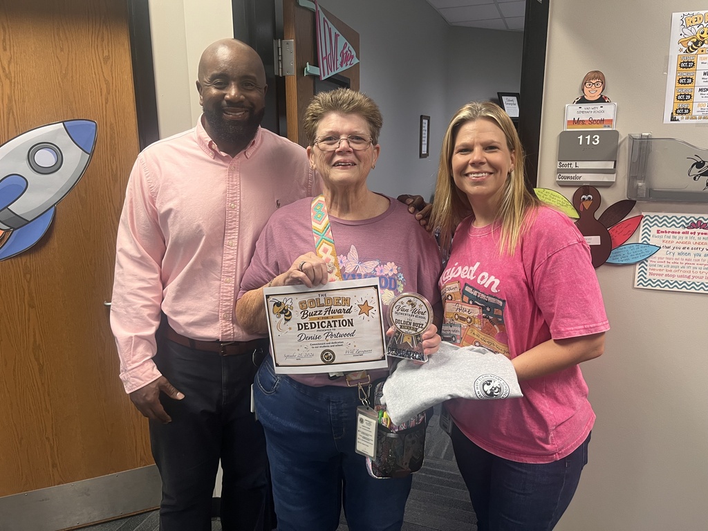 🐝💛 GOLDEN BUZZ AWARD – DEDICATION 💛🐝 Congratulations to Mrs. Denise Portwood, our Golden Buzz Award recipient for Dedication! Mrs. Portwood demonstrates an incredible commitment and dedication to our students and school each day. If she sees a need, she steps in and fills it—without ever having to be asked. She is always willing to lend a helping hand and goes above and beyond to support our students, staff, and school. We appreciate Mrs. Portwood and are so thankful for everything she does to make Van Wert Elementary a better place! 💛🖤 Congratulations, Mrs. Portwood! You are truly Golden! 🐝✨