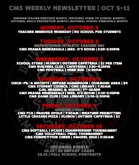 CMS Newsletter on black background with red and white lettering