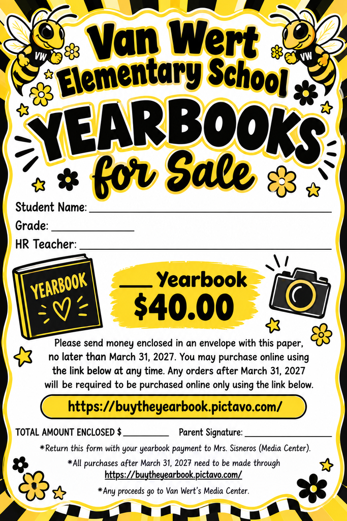 Yearbooks and 5th Grade Ads are now on sale. Paper copies will come home this week. Ads must be purchased, created, and submitted by January 29, 2027. All yearbooks purchased after March 31st will need to be purchased online. Yearbooks and 5th Grade Ads are now on sale. Yearbooks are $40 each. Paper copies will come home this week. Ads must be purchased, created, and submitted by January 29, 2027. All yearbooks purchased after March 31st will need to be purchased online.
