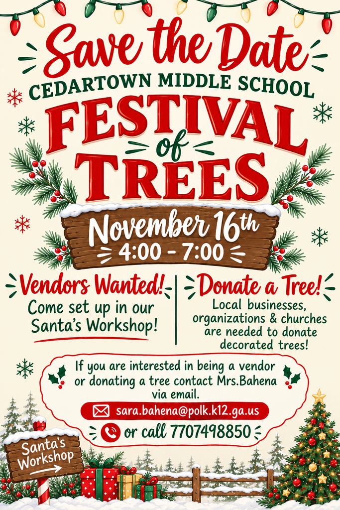 Festival of Trees Flyer with festival event information as well as donation information with Christmas clipart and tree images on white background with red and green text