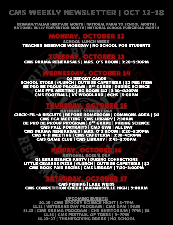 newsletter with red and white text on black background