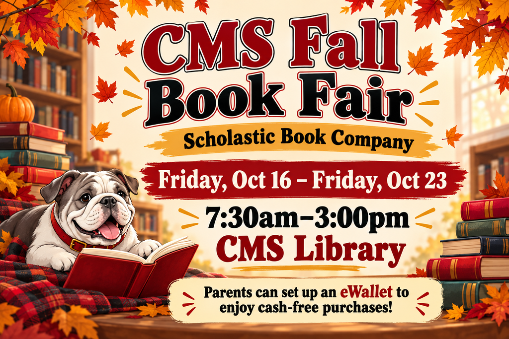 book fair graphic with time, date, and place with books and bulldog with fall leaves