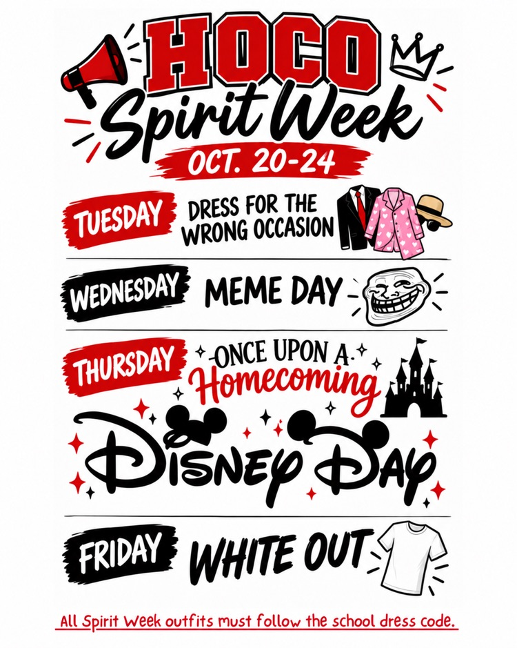Homecoming Flyer with days to dress up in black text in white background with clipart images to help explain