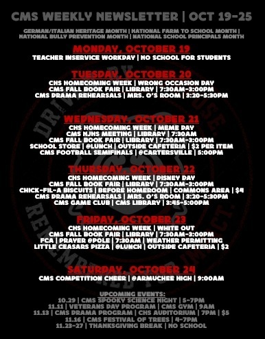newsletter with black background with red and white text