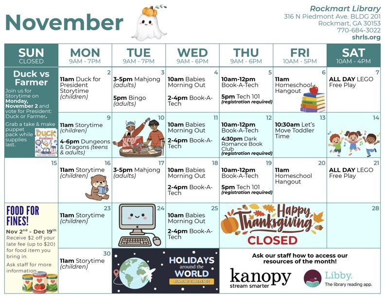 Rockmart library calendar for Nov. 2026. https://shrls.org/calendar.php?view=month&month=10&day=01&year=2026&calendar=10
