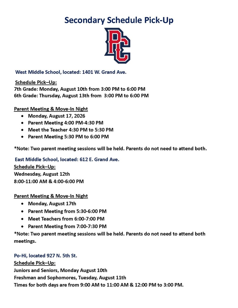 Schedule Pick up info