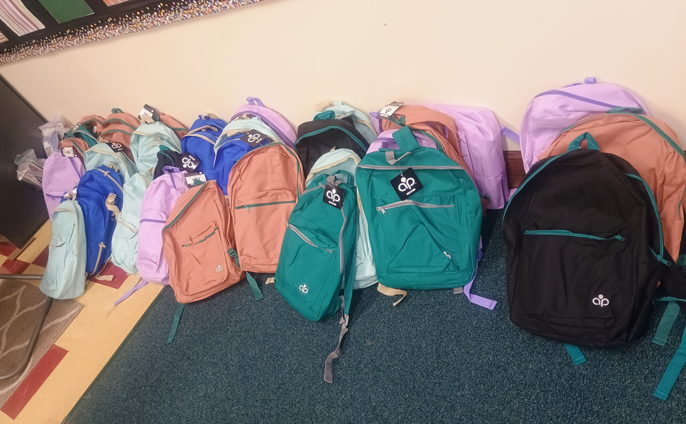 Photo of backpacks donated by KPAK