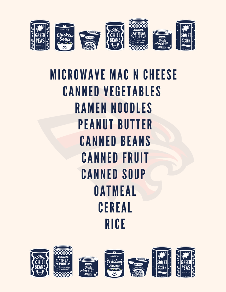 List of examples of food donations. Microwave Mac and cheese, Canned fruits, veggies, soup, ramen noodles, cereal, peanut butter, oatmeal, and rice.