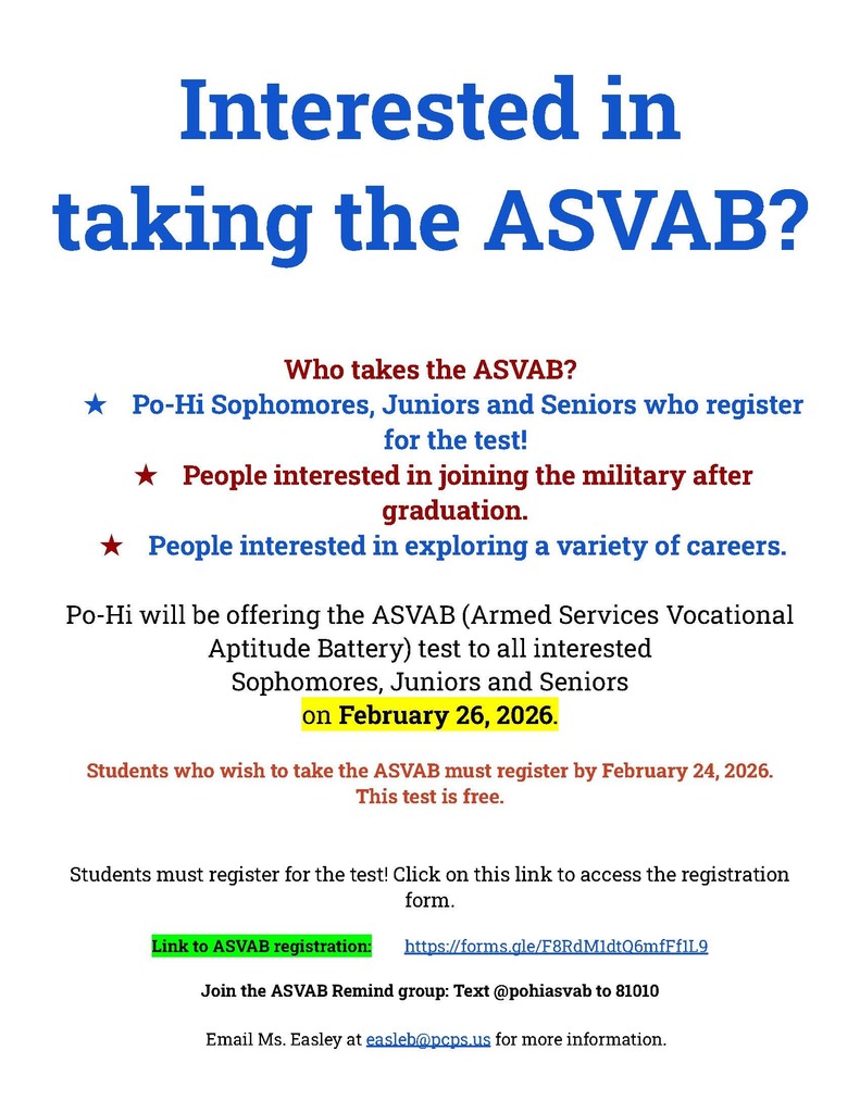 ASVAB testing poster. Test is offered to Sophomores, Juniors and Seniors on February 26. Must Register by the 24th. The test is free.