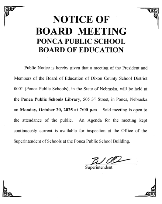 Notice of October School Board Meeting