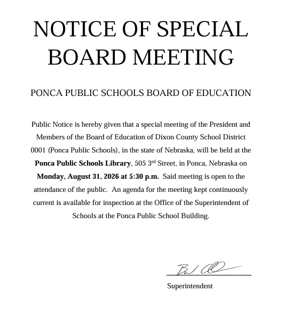 Notice of Special Board Meeting