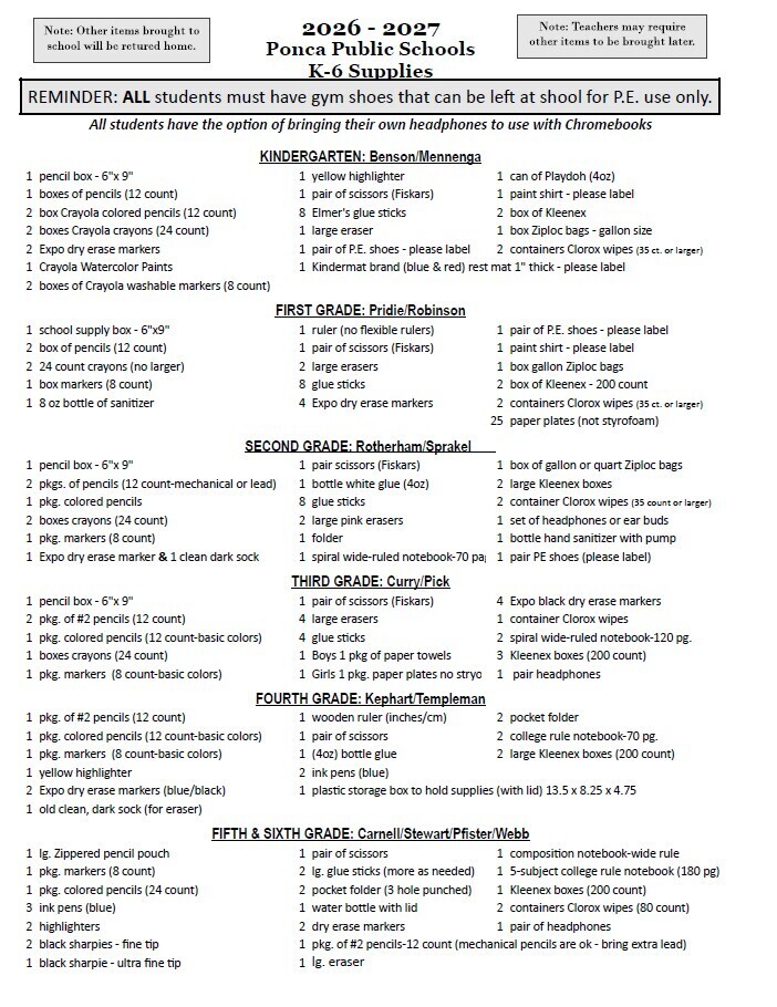 26-27 Elem School Supply List