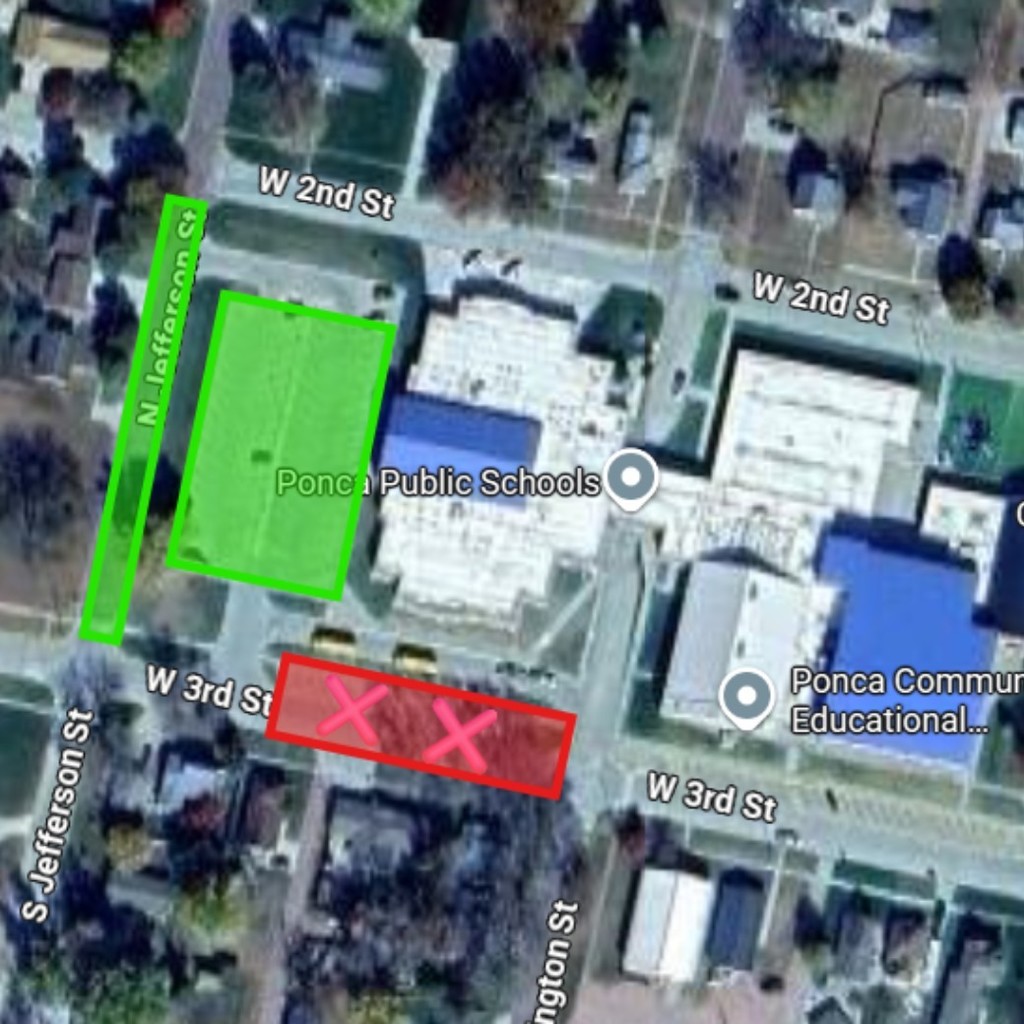 Parking Map highlighting the West lot and Jefferson St green, and 3rd St red