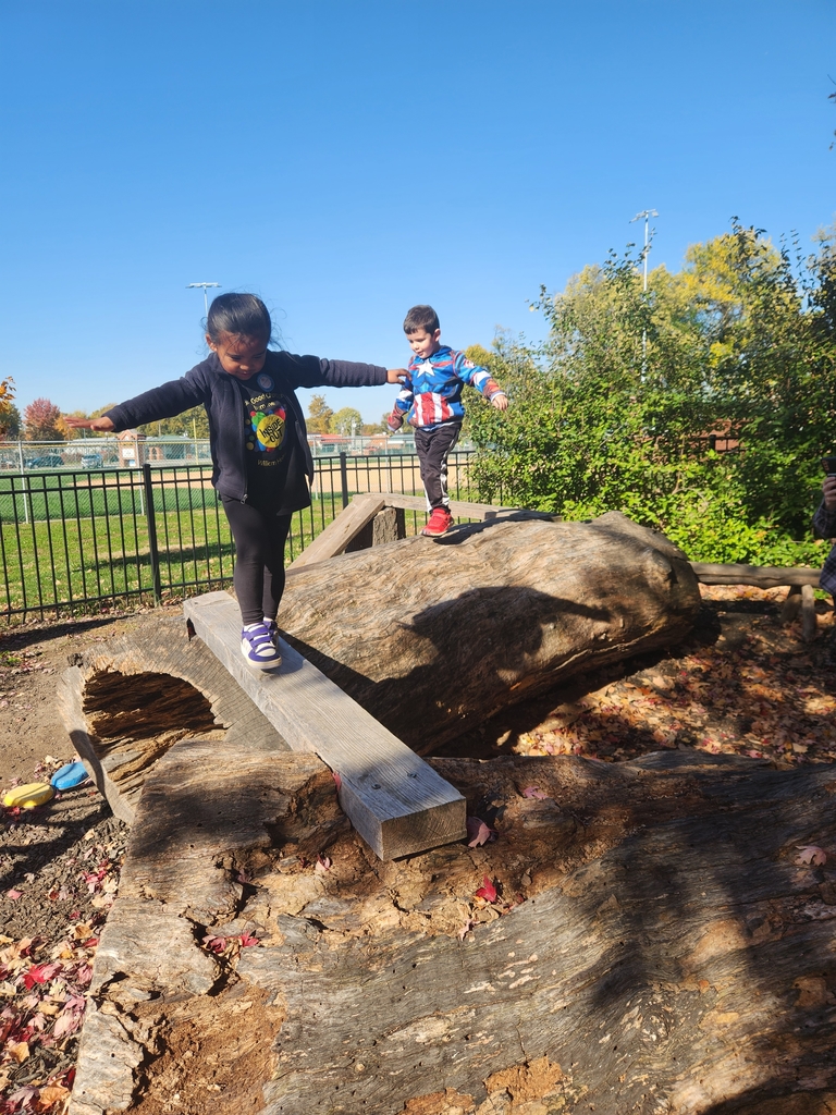 A girl and a boy balance on some logs