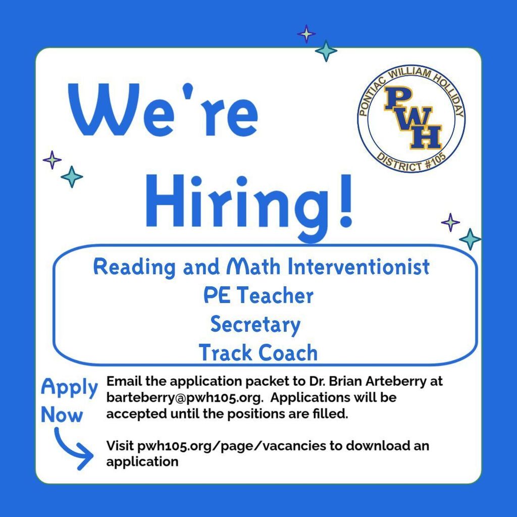 We're Hiring! PE Teacher, Secretary, Track Coach, Reading & math Interventionist