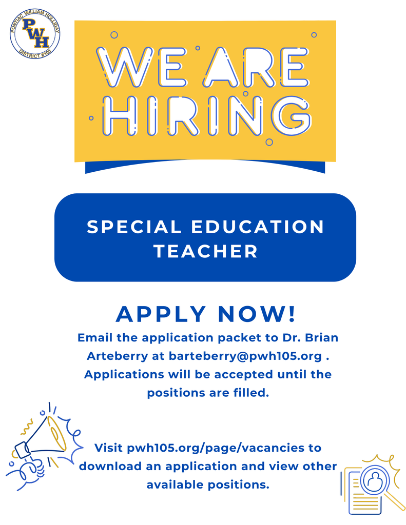 Email the application packet to Dr. Brian Arteberry at barteberry@pwh105.org . Applications will be accepted until the positions are filled. Visit pwh105.org/page/vacncies to download an application, and check out our other open positions as well.