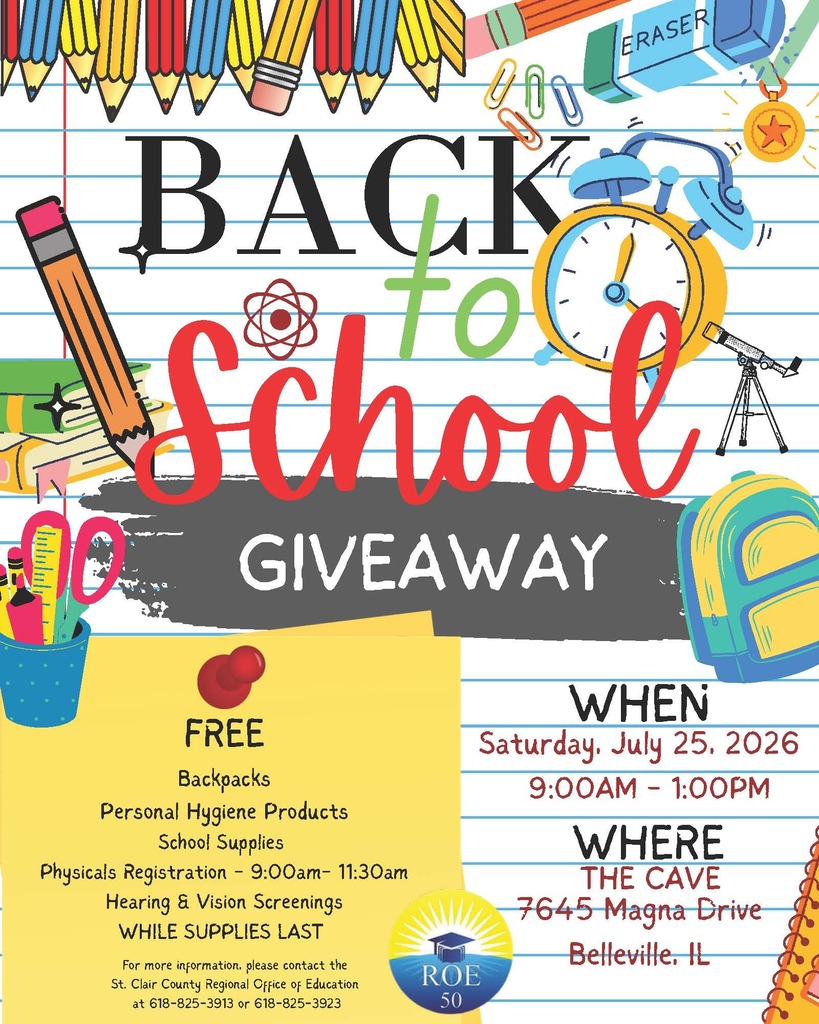 Colorful flyer for a Back to School Giveaway event offering free supplies, scheduled for July 25, 2026, from 9 AM to 1 PM at The Cave, 7645 Magna Drive, Belleville, IL.